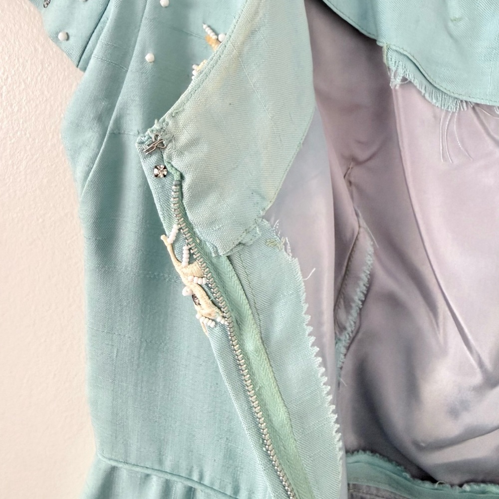 Vintage 50s 60s Baby Blue Hand Beaded Sheath Dress Lace Rhinestone Cocktail M/L - Picture 9 of 16